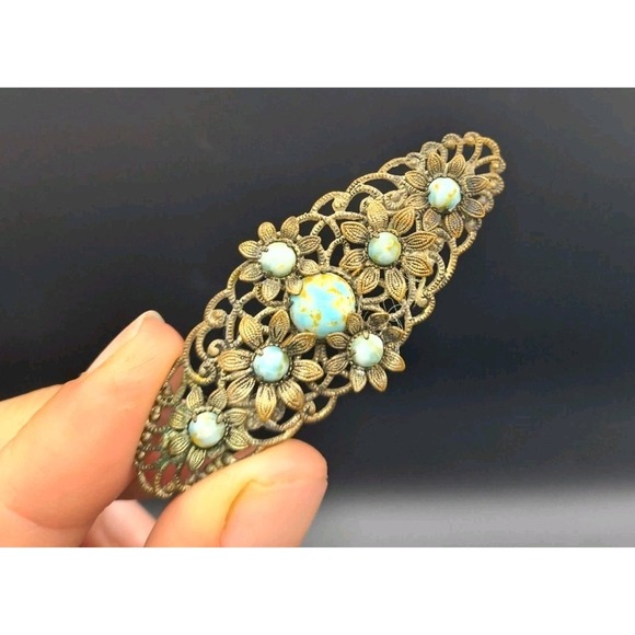 Filigree Jewelry - Vintage 1920-30s Czech Brass Filigree Brooch Pin Turquoise Glass Cabochons Art